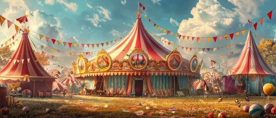 Circus stage under a clear sky. a large circus tent decorated with flags and banners. The atmosphere is festive and lively, evoking the sense of wonder and excitement characteristic of circuses.