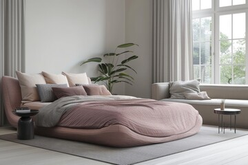 Fototapeta premium Minimalist bedroom with grey and pink bed, gray carpet on white wooden floor, window in background, black side table near beige sofa, natural light.