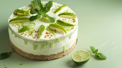 playful mojito cake with mint and lime flavors, presented on a light lime green background