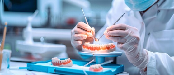 the hands of a man in a white coat working with dentures in a laboratory setting. He is using tools to adjust or inspect a set of dentures mounted on a stand.