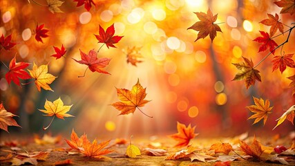 Vibrant orange and red autumn leaves falling in a forest, capturing the essence of the autumn season.