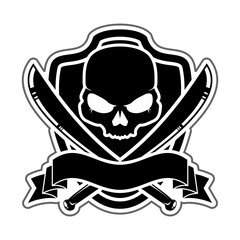 logo or symbol of skull, sword, shield and ribbon vector art eps file editable isolated on white background.