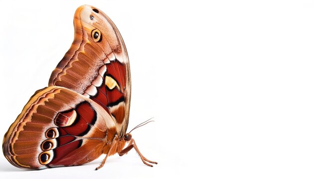 giant Atlas moth - Attacus atlas - is a large saturniid moth endemic to the forests of Asia and is one of the largest moth species in the world isolated on white background side profile view