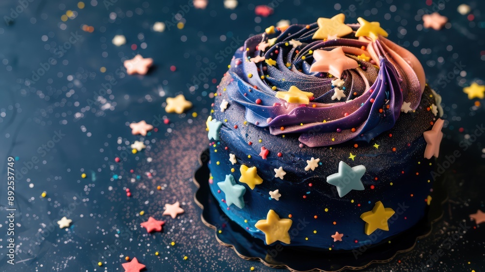 Fototapete playful outer space cake with galaxy frosting and edible stars on a dark blue background, fun and in