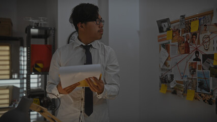 A focused asian man analyzes evidence in a detective's room filled with photos and notes on a corkboard.