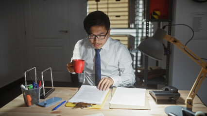 An asian man reviews documents at a cluttered detective's desk, holding a red mug in an office...