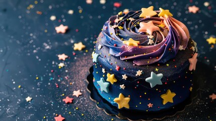 playful outer space cake with galaxy frosting and edible stars on a dark blue background, fun and inviting for adventurous text