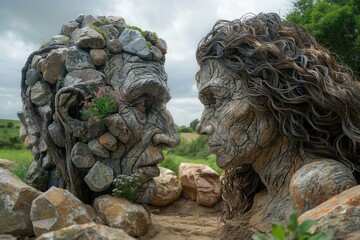 Stone sculpture with faces of a girl and a man in love. Generative AI