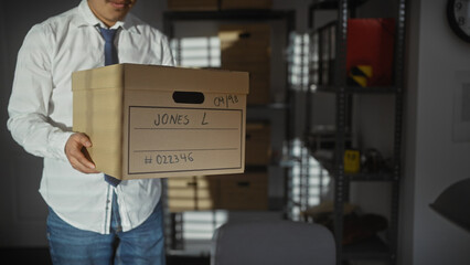 A young asian man holding a box in a cluttered detective office environment, suggesting an active case investigation.