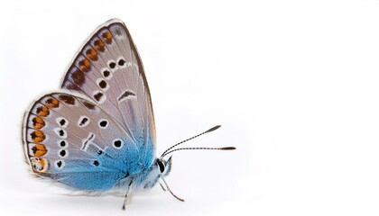 Obraz premium Ceraunus blue - Hemiargus ceraunus - is a species of small blue butterfly in the family Lycaenidae with a wingspan of an inch. Isolated on white background side profile view
