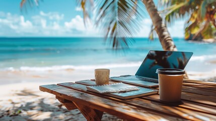 A wooden desk set on a tropical beach with a laptop, notebook, and coffee cup, capturing the perfect remote work environment.Perfect vacation scene.Remote working environment