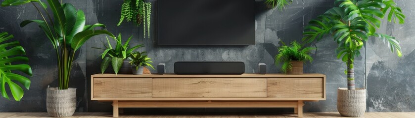 Modern living room with wooden TV stand, green plants, and a dark backdrop. Stylish and minimalistic interior design with natural elements.