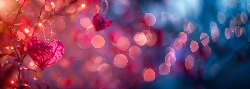 Romantic heart-shaped lights hanging with pink red blue bokeh background Valentine’s wedding engagement banner soft romantic dreamy event decor design evening ambiance copy space celebration