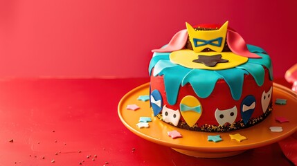 playful superhero cake with edible capes and masks on a bright red background, vibrant and fun for kids' text