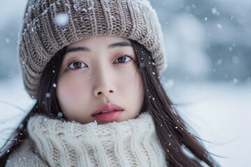 Close-up of a pensive young woman with snowflakes in her hair, wearing winter attire