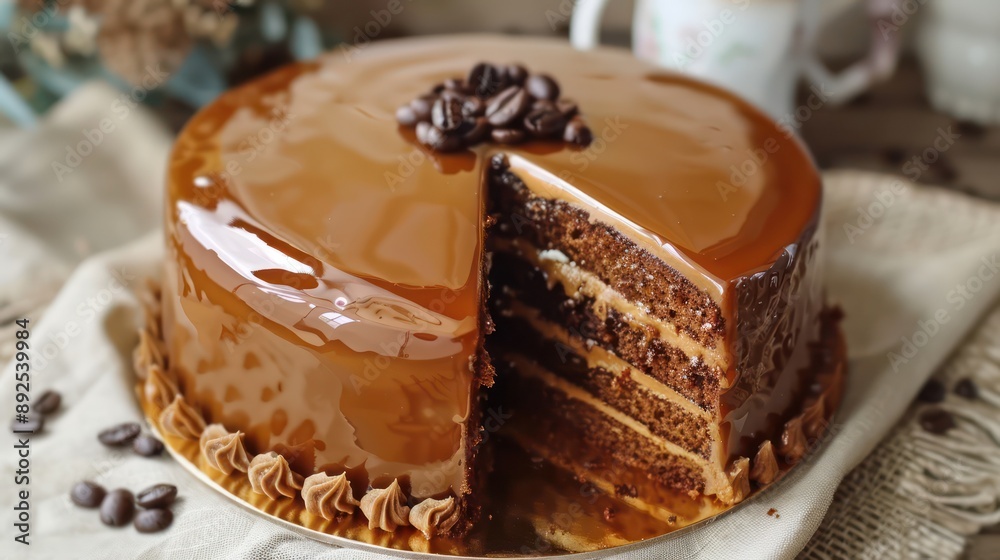Fototapete rich caramel mocha cake with a coffee bean garnish on a warm cream backdrop, perfect for inviting te