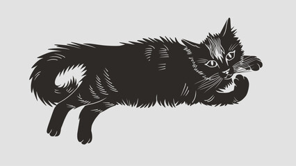 Illustrated Long-Haired Cat in Relaxed Pose, Black Silhouette on White Background