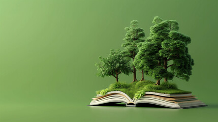 3d rendering of an open book with trees and books on it floating in the air, green background, creative design concept for reading day or world sustainable environment month. 