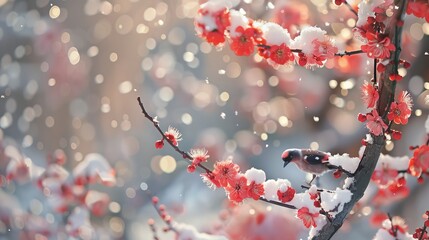 Red plum blossoms in snow with cute magpies   realistic photo of delicate flowers and colorful birds