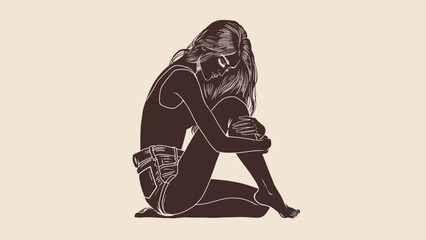 Illustrated Young Woman Sitting in Thoughtful Pose, Brown Silhouette on Beige Background