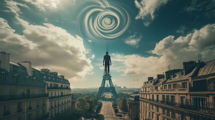 Fototapeta premium A man is flying in the sky above Paris, he jumps from one tower to another with powerful legs. 