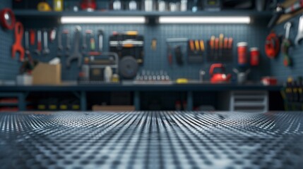 A metal blank tabletop with blurred automotive tools and parts in the background suitable for promoting automotive products
