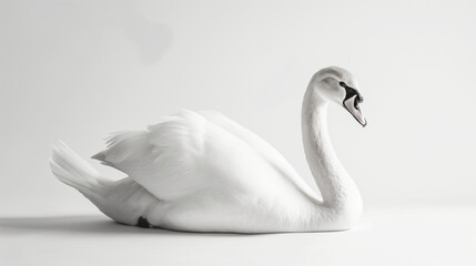 A photograph of a swan on a white background, under soft studio lighting on a clean and simple monochrome background