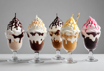 three ice creams with chocolate and vanilla ice cream on them.