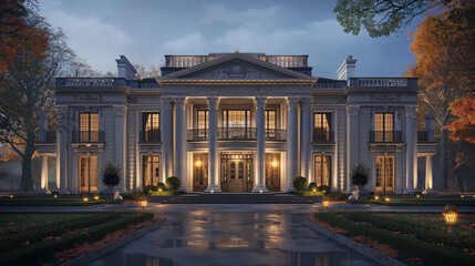 Naklejka premium an elegant neoclassical mansion with large columns and a grand entrance, incorporating elements of architectural harmony to create a sophisticated exterior for the home
