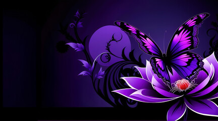 Purple butterfly and flowers on violet background.