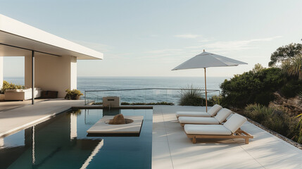 Fototapeta premium photo of an outdoor pool area with loungers, umbrella and white concrete walls overlooking the ocean
