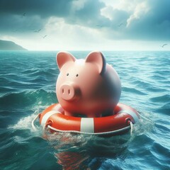 Pink Piggy Bank Floating in Ocean with Orange Lifebuoy Under Overcast Sky.
