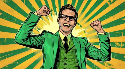 Joyous man in a green suit and glasses celebrates his success with a fist pump and dance moves.