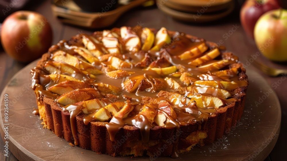 Fototapete rustic apple and caramel cake with a caramel drizzle on a warm caramel background, inviting and perfect for cozy autumn text