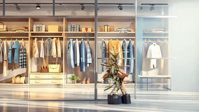 Modern closet with stylish clothes and accessories neatly organized on wooden shelves