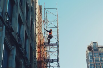 a construction worker climbing scaffold