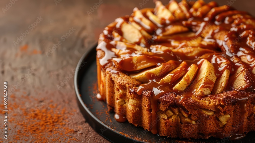 Fototapete rustic apple cinnamon cake with caramel icing on a warm cinnamon background, cozy and perfect for au