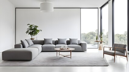 Minimalist Living Room interior with couch set and White Wall. Generative ai