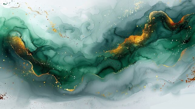 Abstract background, green splashes on white background with gold flecks