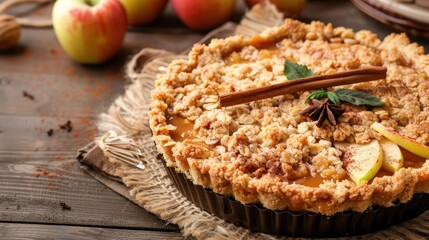 rustic apple crumble cake with a cinnamon stick garnish on a warm caramel background, cozy for inviting text