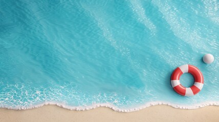 Obraz premium Aerial View of Pristine Beach with Turquoise Waters, Sandy Shoreline, and Red-White Lifebuoy Floating in the Sea