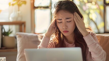 A young Asian woman in front of a laptop closed her eyes and holds her hands behind her temples from overwork and headache. The concept of time management