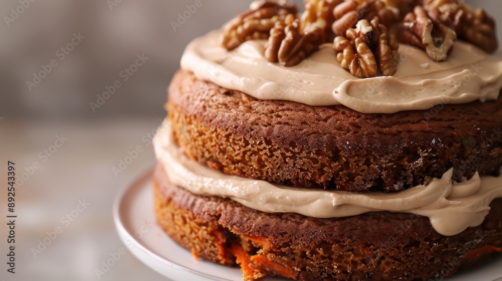 Fototapete rustic carrot cake topped with walnuts on a soft beige backdrop, ideal for adding text