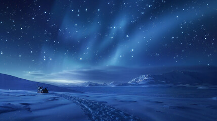 Fantastic night landscape, winter starry night in the forest with igloos and reindeer.