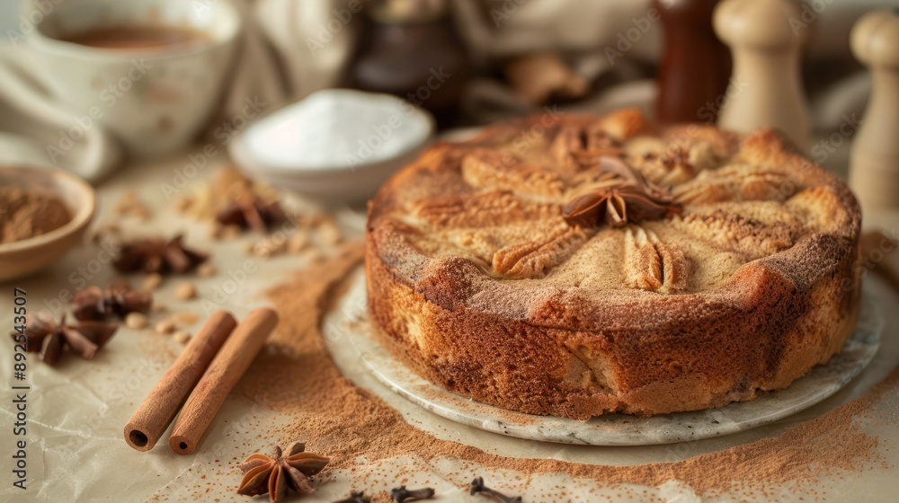 Fototapete rustic chai spiced cake with a dusting of cinnamon on a warm tan background, inviting and perfect for cozy text