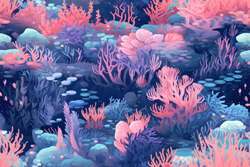 Seamless pattern of organic macro texture of beautiful coral forest. Coral reef in tropical sea. Marine life. Environment and ecosystem concept. World Maritime Day. Watercolor illustration for design