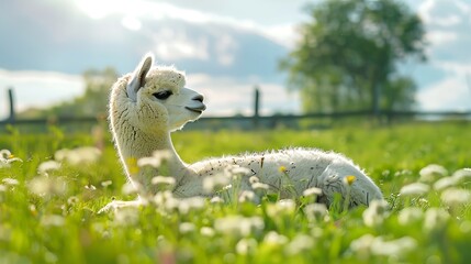 a white alpaca lie down in a green meadow