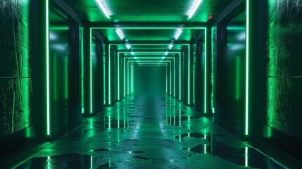 Moody hallway with vibrant green neon lights, glossy floor reflection, realistic image