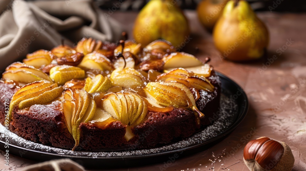 Fototapete rustic chestnut and pear cake with caramelized pears on a soft brown background, cozy and perfect for inviting autumn text