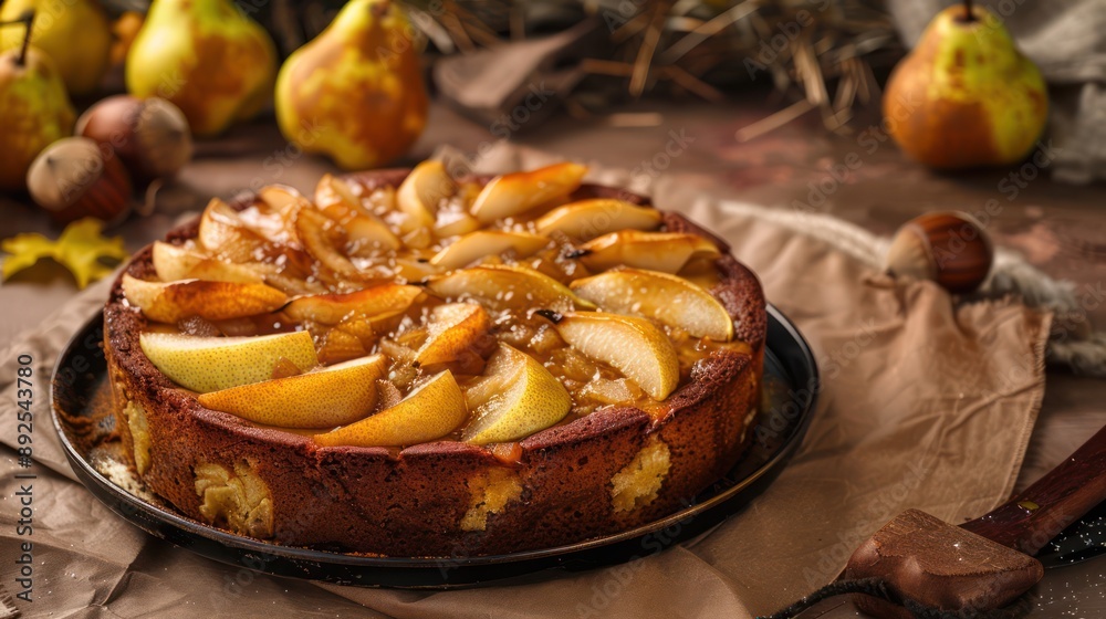 Fototapete rustic chestnut and pear cake with caramelized pears on a soft brown background, cozy and perfect for inviting autumn text